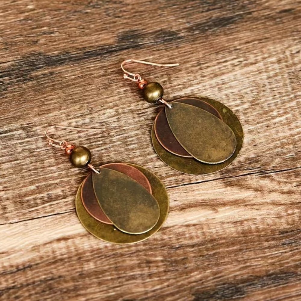 Boho Layered Teardrop Earrings - Multicolor Copper Tone Metal #1114